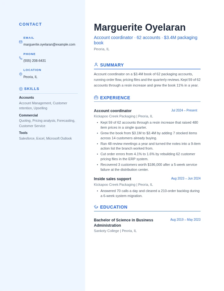 account manager resume example, entry level, rendered in the Blue Professional template