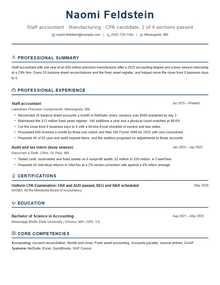 Accountant resume example, entry level, rendered in the Executive Classic template