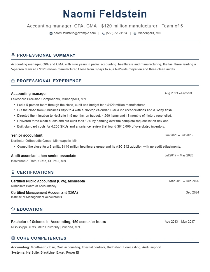 Accountant resume example, senior level, rendered in the Executive Classic template