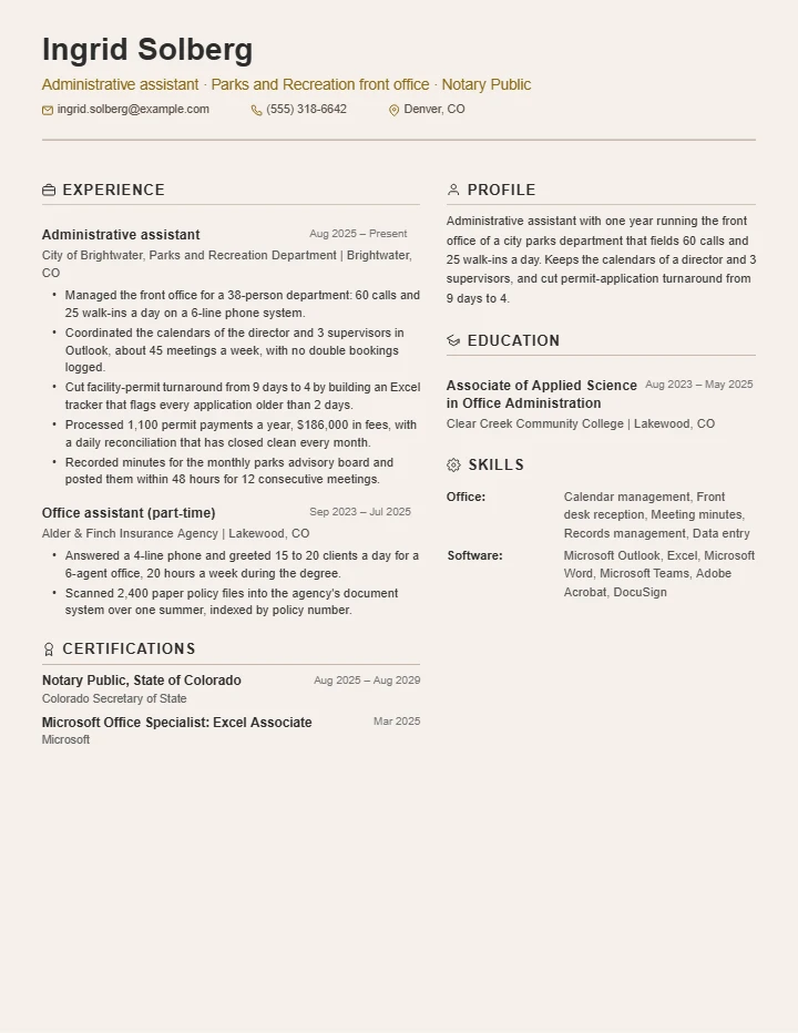 Administrative assistant resume example, entry level, rendered in the Beige Two-Column template