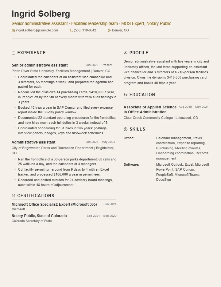 Administrative assistant resume example, mid level, rendered in the Beige Two-Column template
