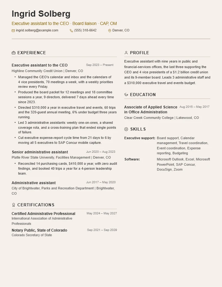 Administrative assistant resume example, senior level, rendered in the Beige Two-Column template