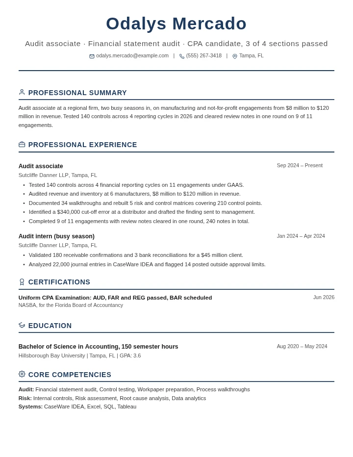 Auditor resume example, entry level, rendered in the Executive Classic template