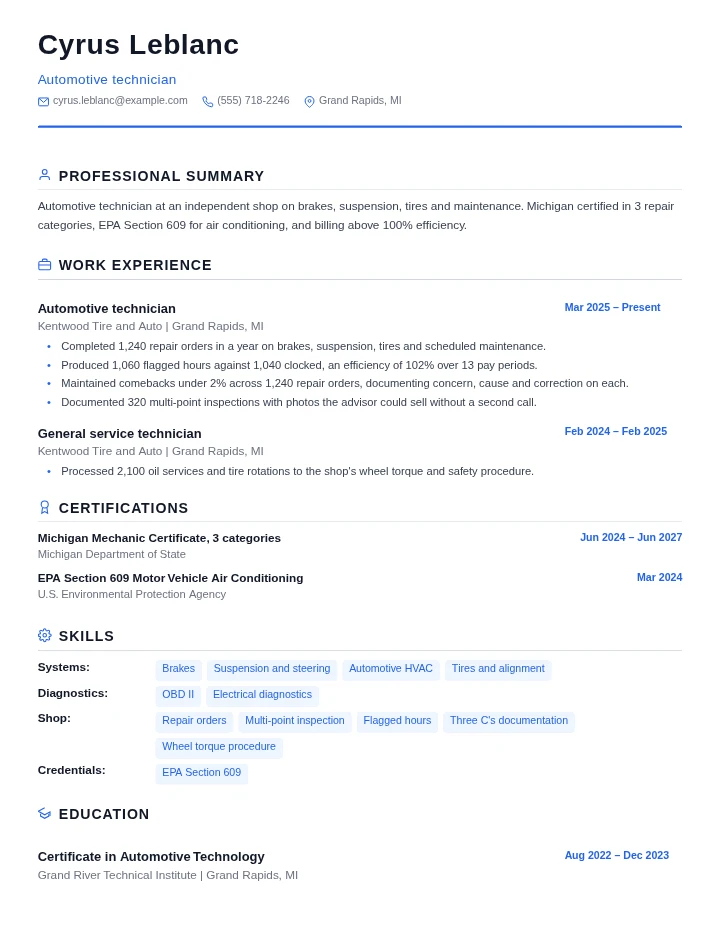 Automotive technician resume example, entry level, rendered in the Standard template