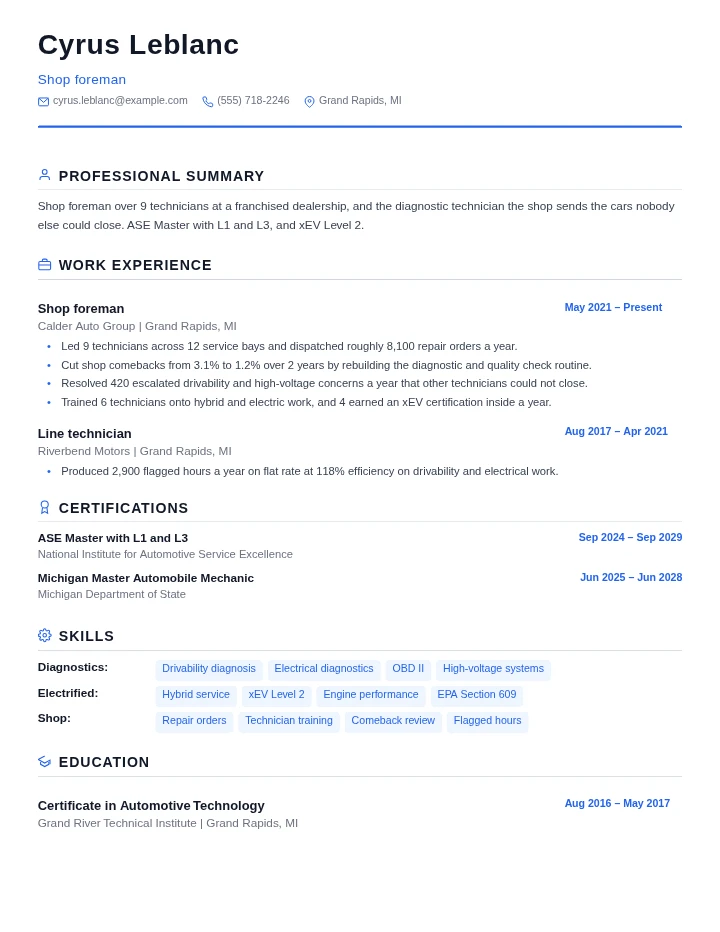 Automotive technician resume example, senior level, rendered in the Standard template