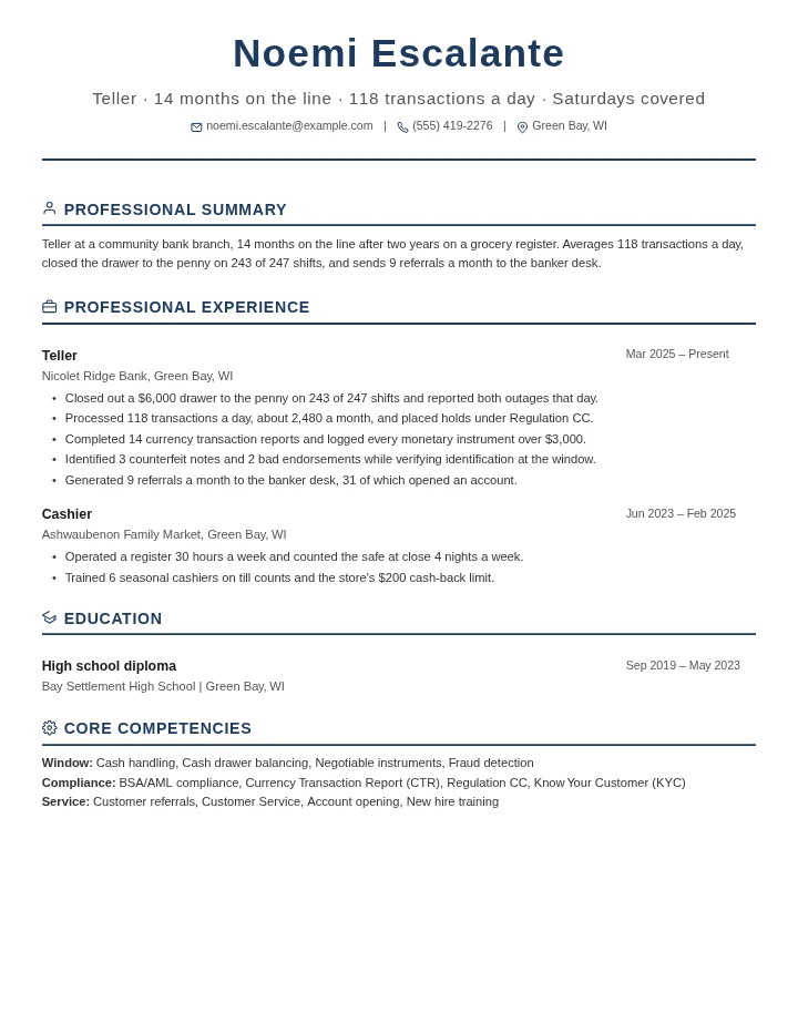 Bank teller resume example, entry level, rendered in the Executive Classic template
