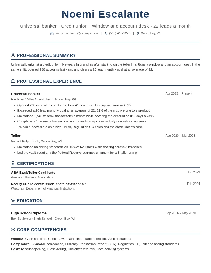 Bank teller resume example, mid level, rendered in the Executive Classic template