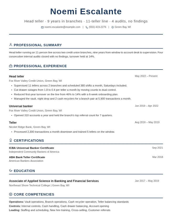 Bank teller resume example, senior level, rendered in the Executive Classic template