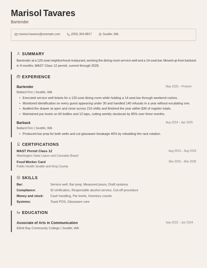 Bartender resume example, entry level, rendered in the Beige Border template