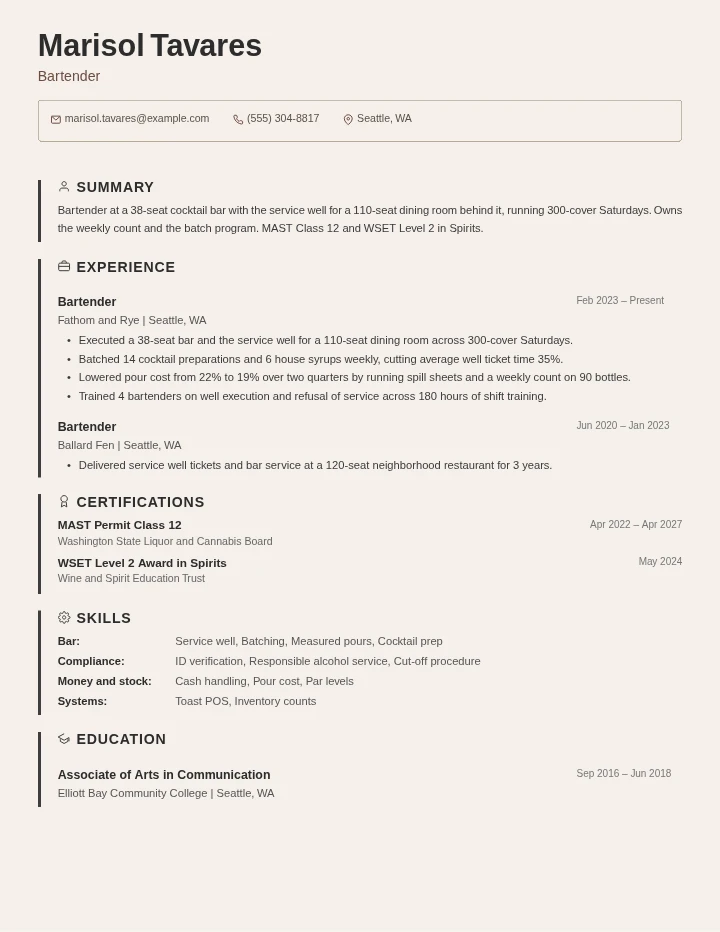 Bartender resume example, mid level, rendered in the Beige Border template