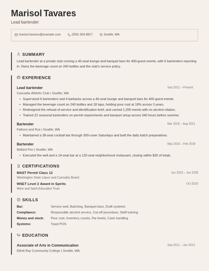 Bartender resume example, senior level, rendered in the Beige Border template