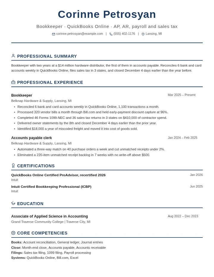 Bookkeeper resume example, entry level, rendered in the Executive Classic template