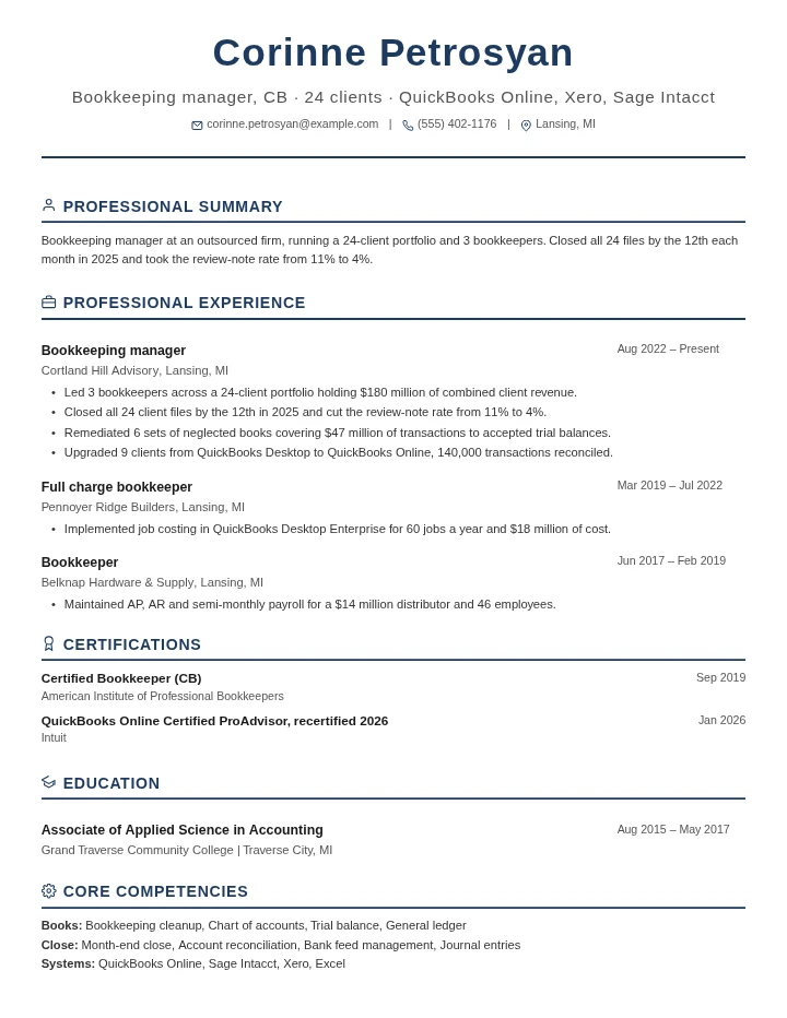 Bookkeeper resume example, senior level, rendered in the Executive Classic template