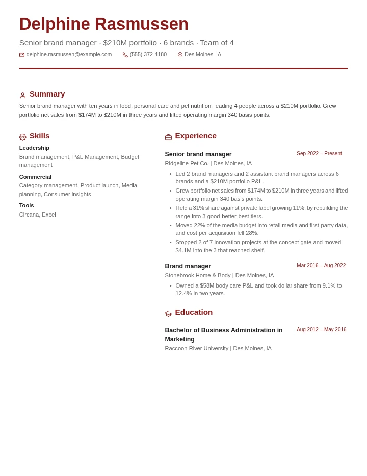 brand manager resume example, senior level, rendered in the Red & Gray Modern template
