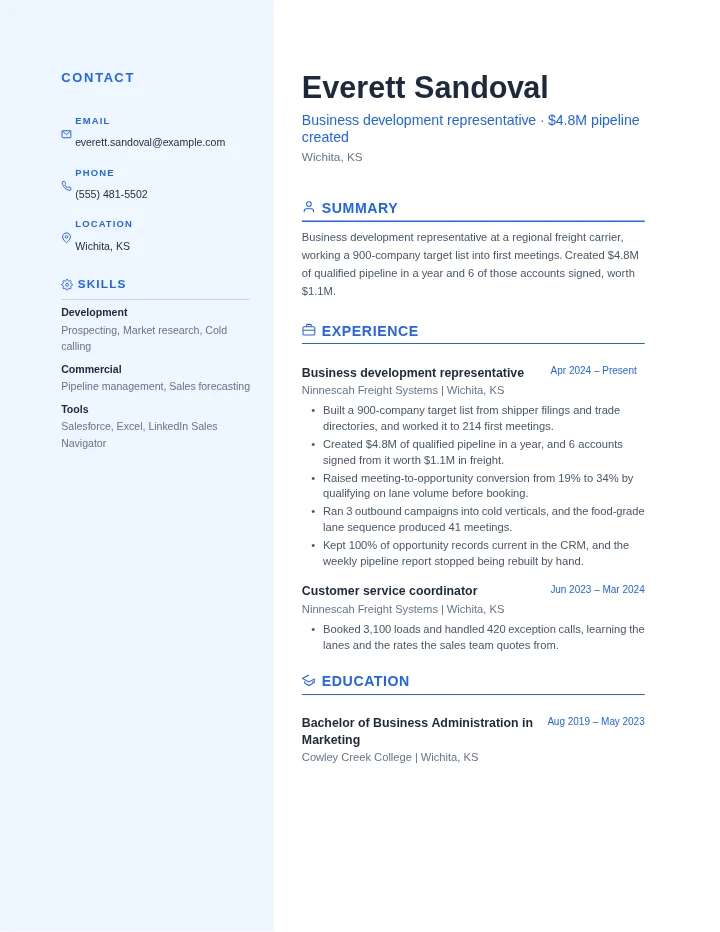 business development manager resume example, entry level, rendered in the Blue Professional template