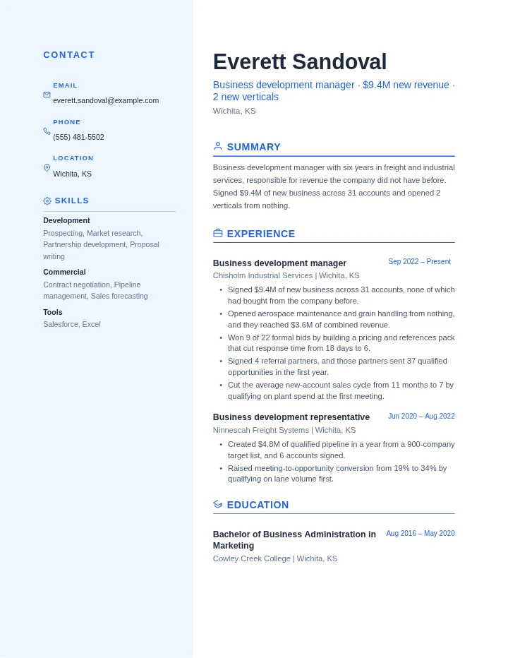 business development manager resume example, mid level, rendered in the Blue Professional template
