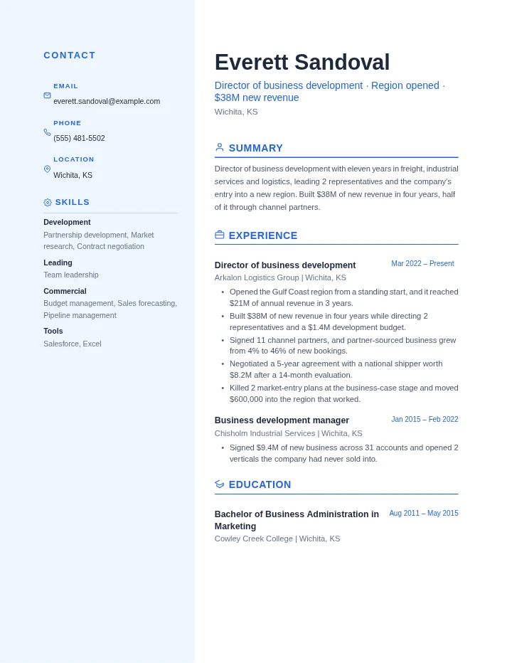 business development manager resume example, senior level, rendered in the Blue Professional template