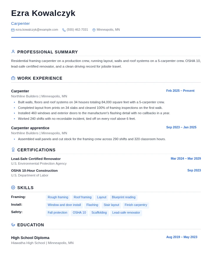 Carpenter resume example, entry level, rendered in the Standard template
