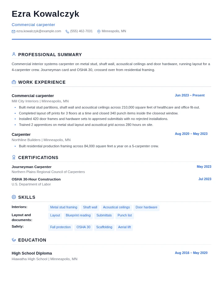 Carpenter resume example, mid level, rendered in the Standard template