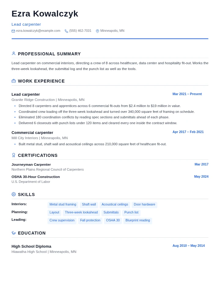 Carpenter resume example, senior level, rendered in the Standard template