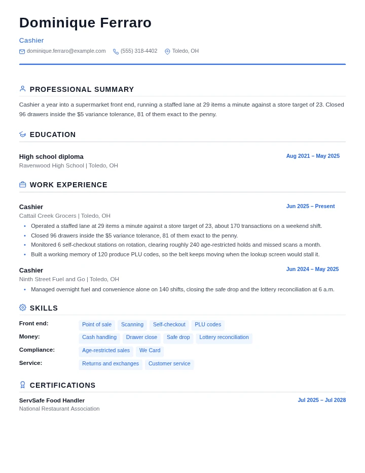 Cashier resume example, entry level, rendered in the Standard template