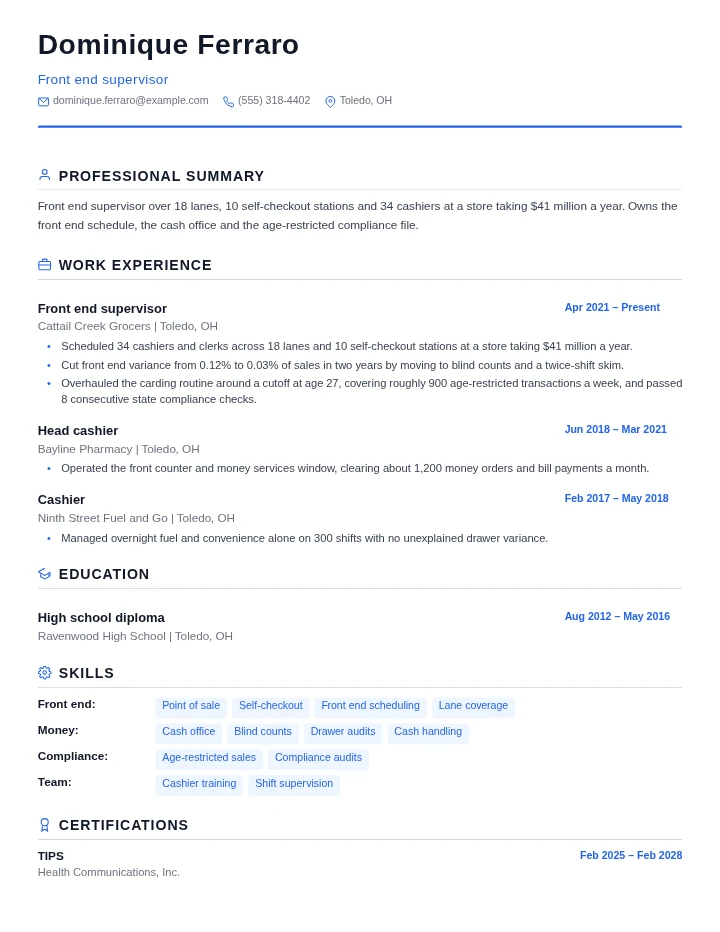 Cashier resume example, senior level, rendered in the Standard template