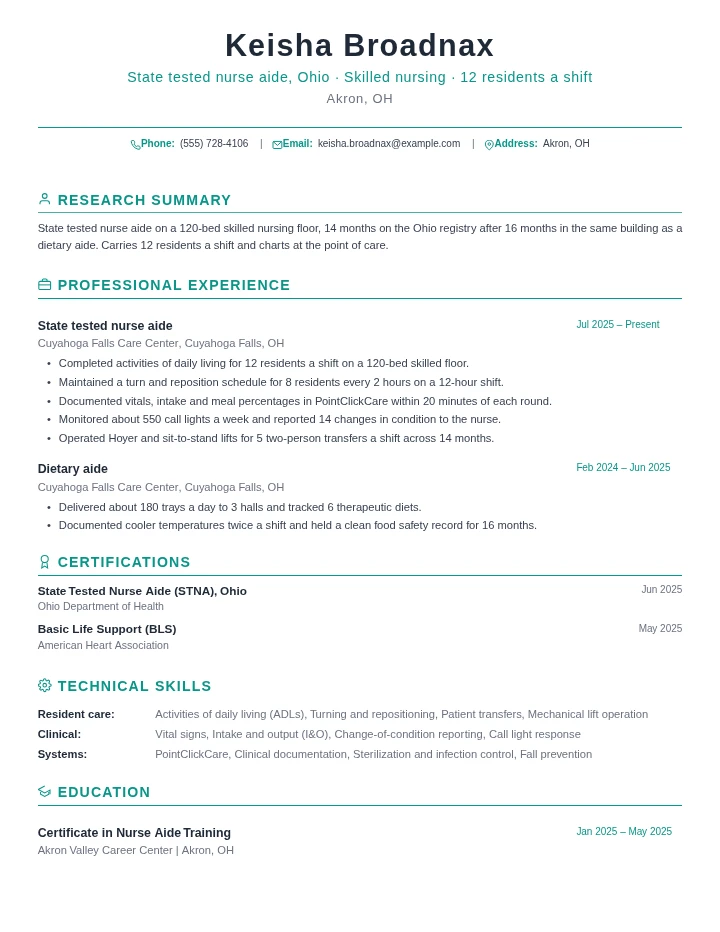 Certified nursing assistant resume example, entry level, rendered in the Green Academic template
