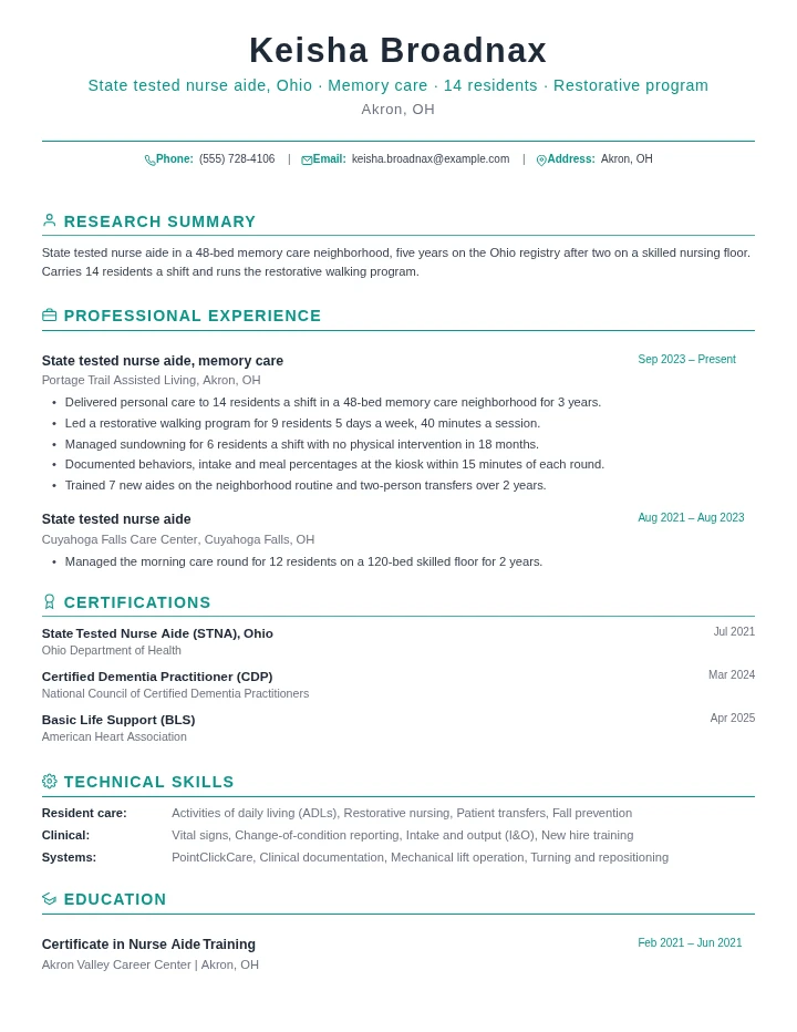 Certified nursing assistant resume example, mid level, rendered in the Green Academic template