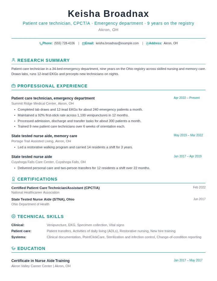 Certified nursing assistant resume example, senior level, rendered in the Green Academic template