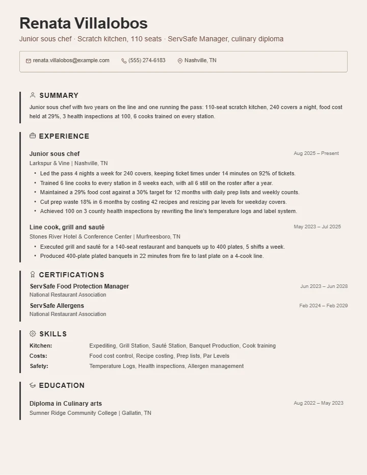Chef resume example, entry level, rendered in the Beige Border template