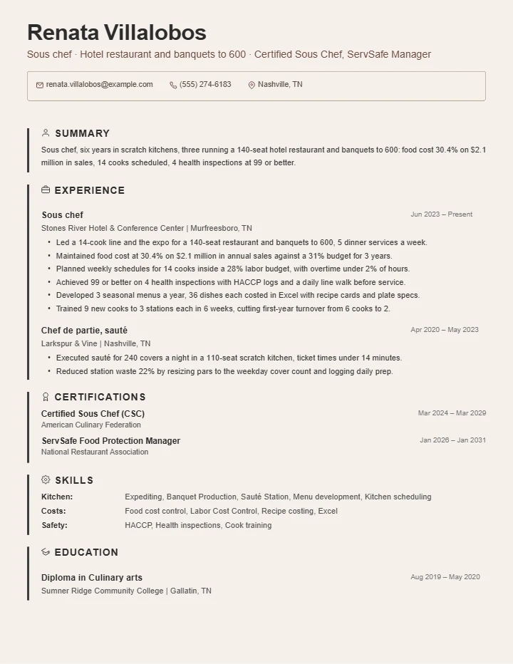 Chef resume example, mid level, rendered in the Beige Border template