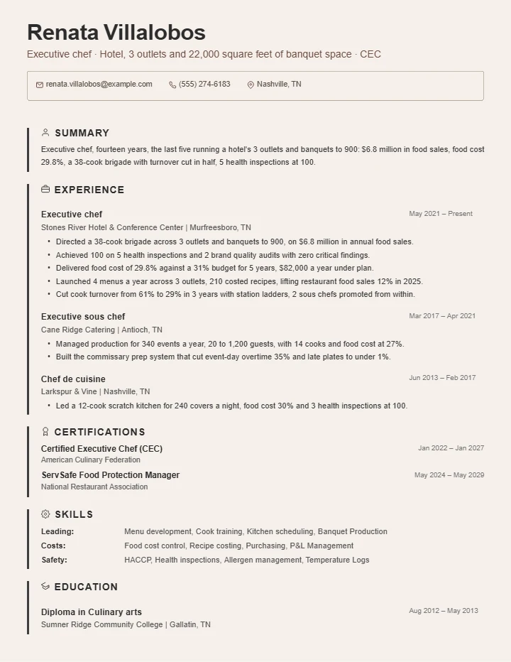 Chef resume example, senior level, rendered in the Beige Border template