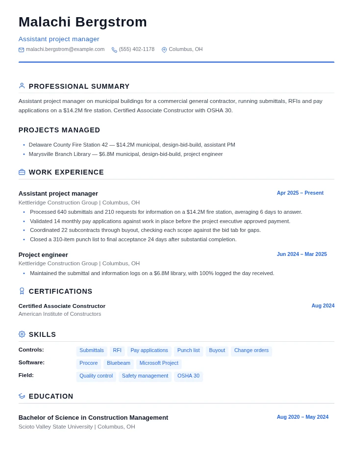 Construction manager resume example, entry level, rendered in the Standard template