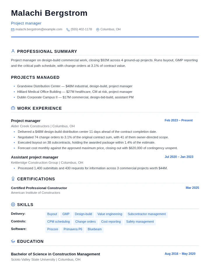 Construction manager resume example, mid level, rendered in the Standard template