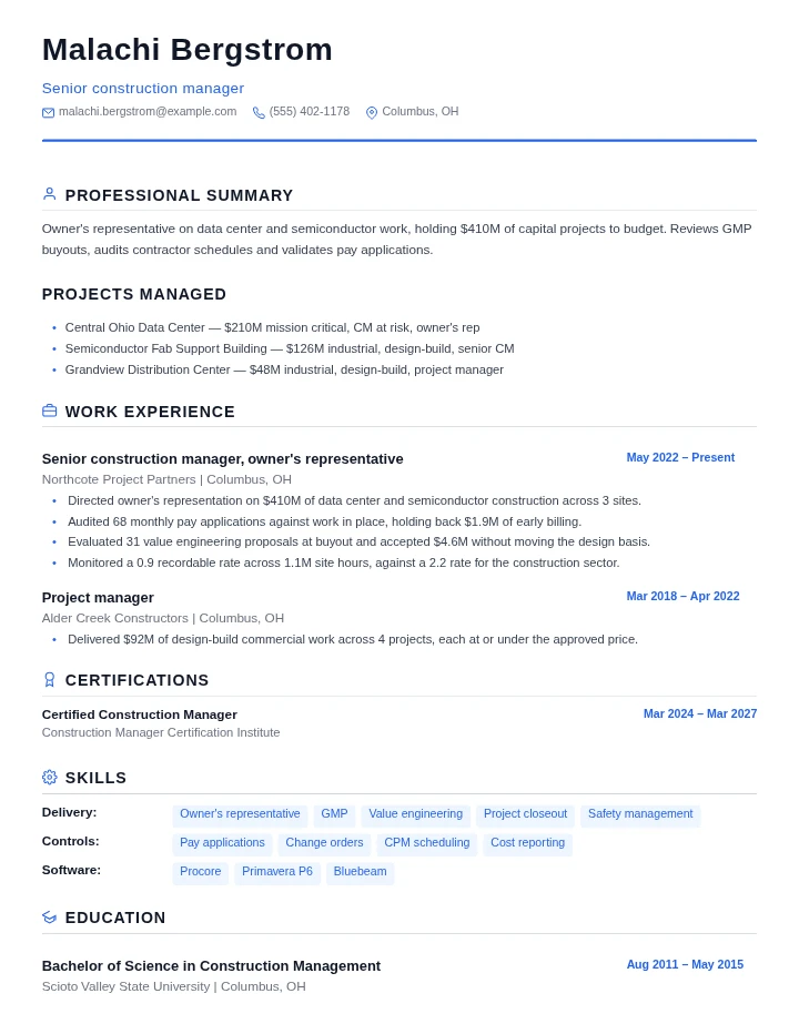Construction manager resume example, senior level, rendered in the Standard template