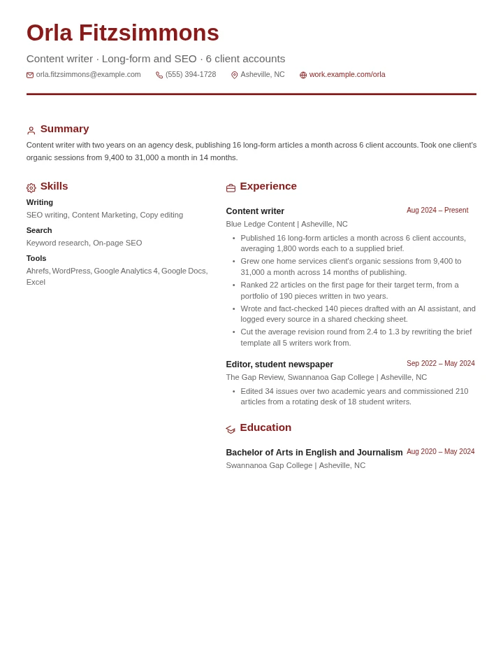 Content writer resume example, entry level, rendered in the Red & Gray Modern template