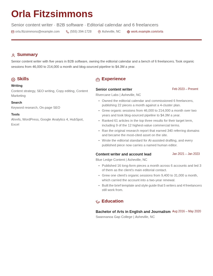 Content writer resume example, mid level, rendered in the Red & Gray Modern template