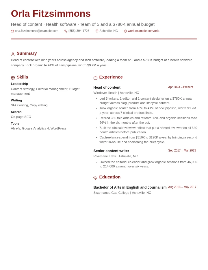 Content writer resume example, senior level, rendered in the Red & Gray Modern template