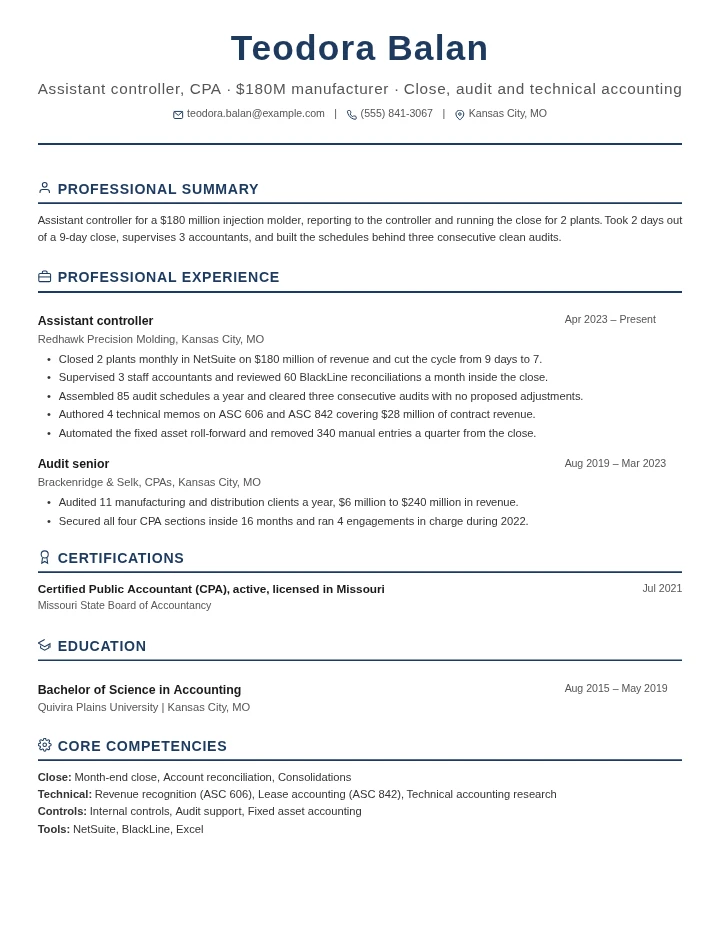 Controller resume example, entry level, rendered in the Executive Classic template