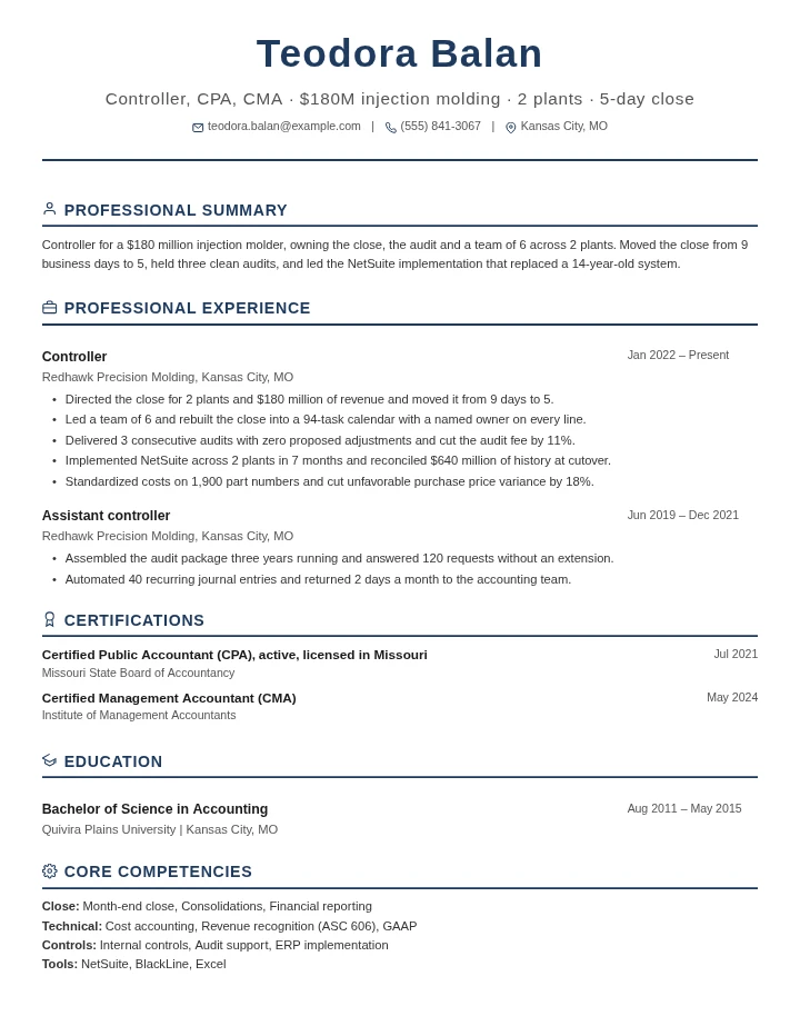 Controller resume example, mid level, rendered in the Executive Classic template