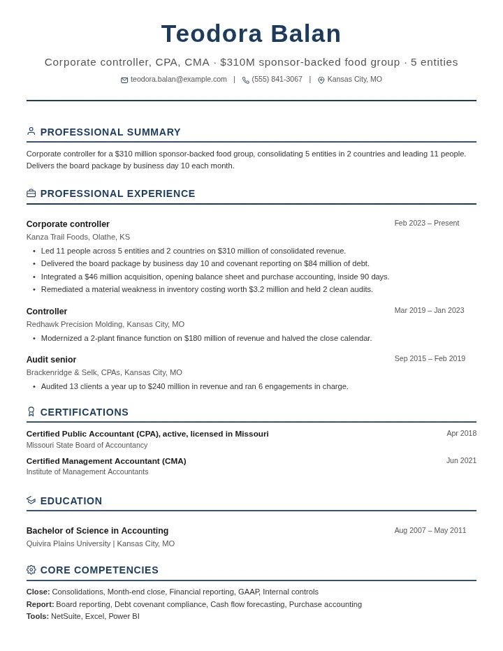 Controller resume example, senior level, rendered in the Executive Classic template