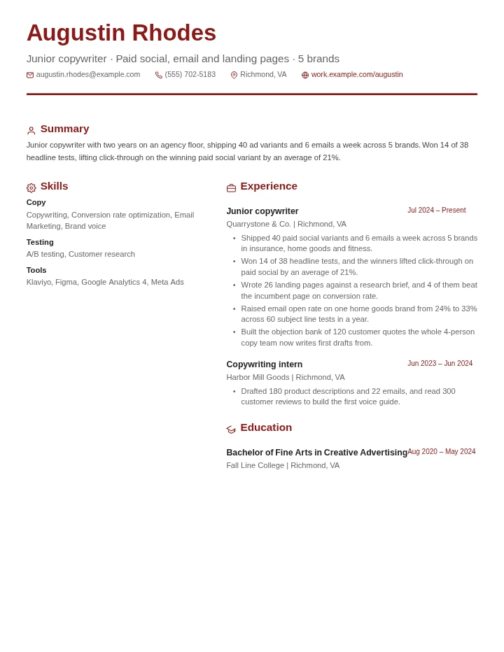 Copywriter resume example, entry level, rendered in the Red & Gray Modern template
