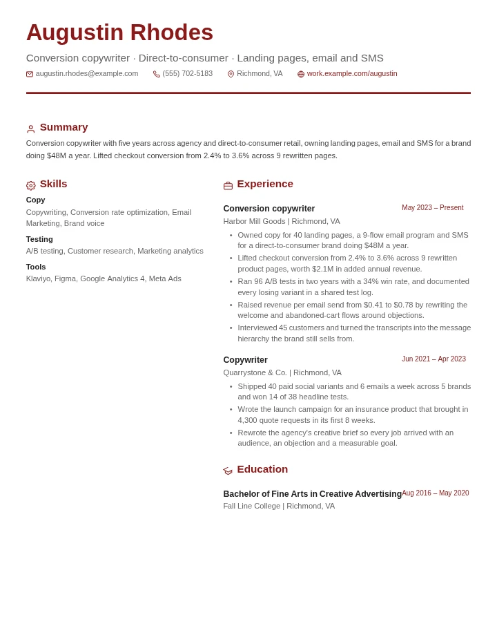Copywriter resume example, mid level, rendered in the Red & Gray Modern template