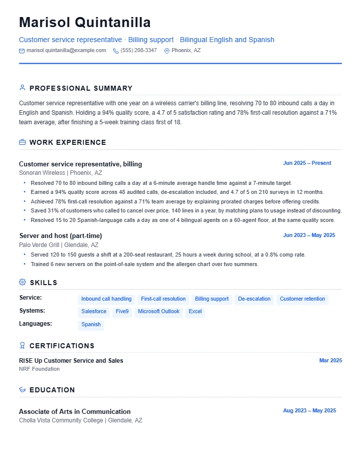 Customer service representative resume example, entry level, rendered in the Standard template