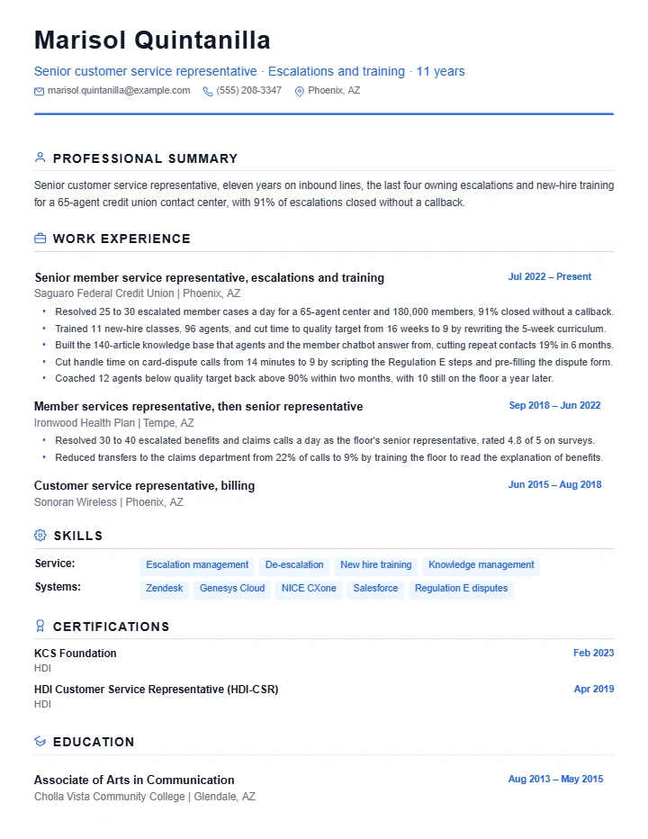Customer service representative resume example, senior level, rendered in the Standard template