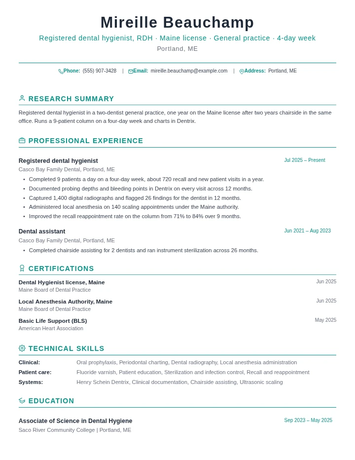 Dental hygienist resume example, entry level, rendered in the Green Academic template