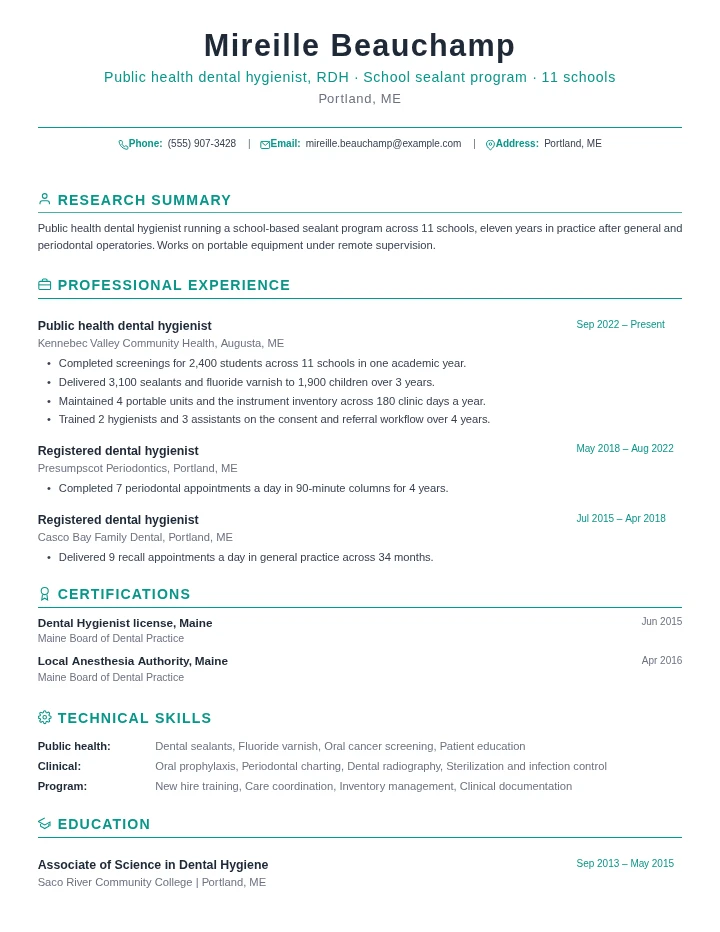 Dental hygienist resume example, senior level, rendered in the Green Academic template