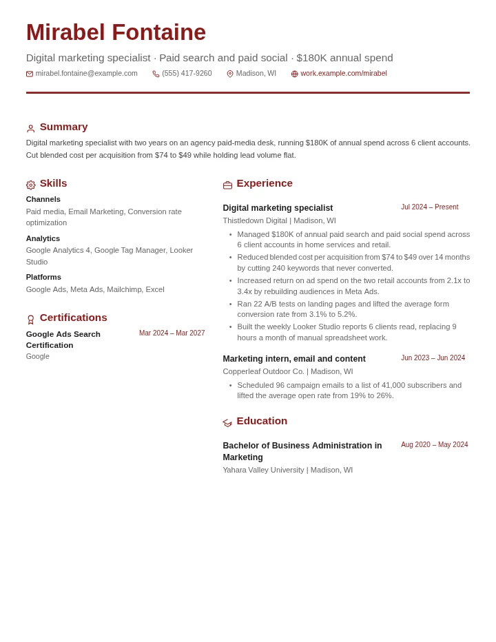 Digital marketing manager resume example, entry level, rendered in the Red & Gray Modern template