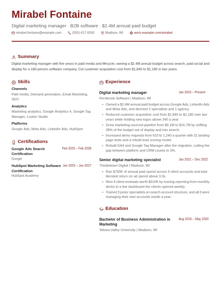 Digital marketing manager resume example, mid level, rendered in the Red & Gray Modern template