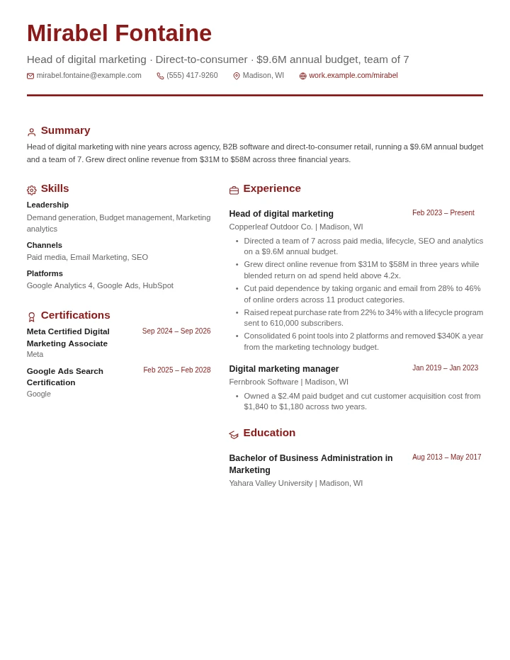 Digital marketing manager resume example, senior level, rendered in the Red & Gray Modern template